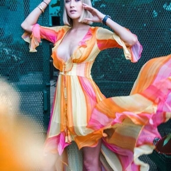 NWT Rococo Sand yellow & coral ruffle accent & asymmetric hem dress, S - Picture 2 of 10